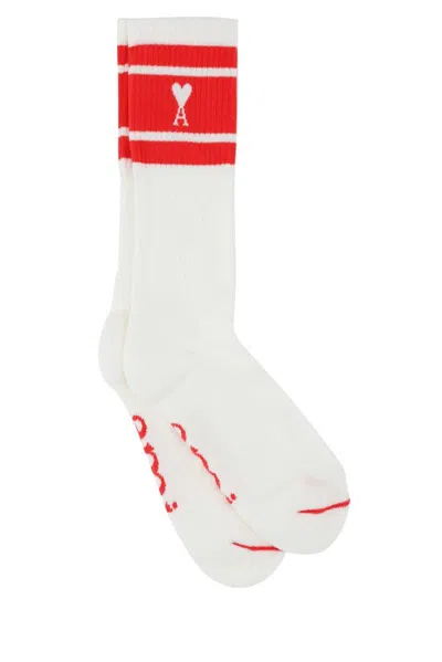 Ami Alexandre Mattiussi Stripes Logo Socks In Scarlet Red