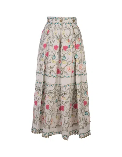 Elie Saab Embroidered Cotton Midi Skirt In White,multi