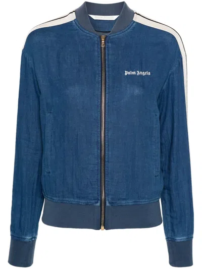 Palm Angels Striped Chambray Bomber Jacket In Indigo