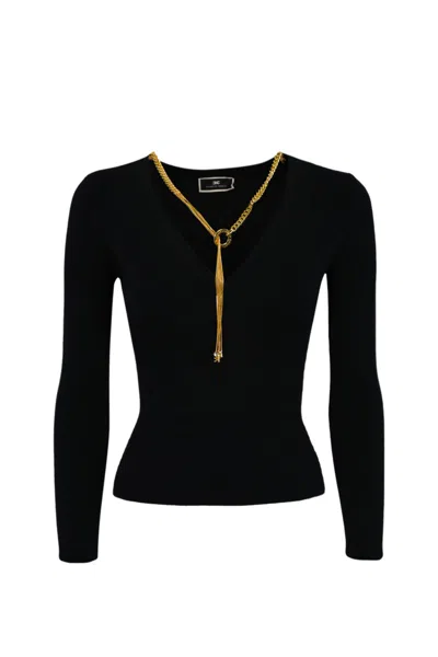 Elisabetta Franchi Detachable-necklace Ribbed Jumper In Black