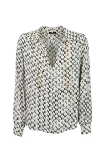 Elisabetta Franchi Georgette Shirt With Logo Print In Burro/nero