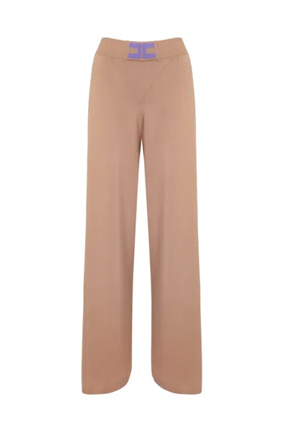 Elisabetta Franchi Viscose Knit Palazzo Trousers With Logo In Nudo