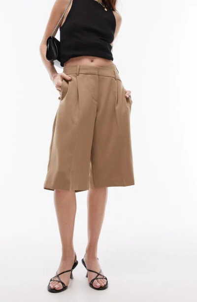 Topshop Long Tailored Crossover Waist Short In Sand-neutral