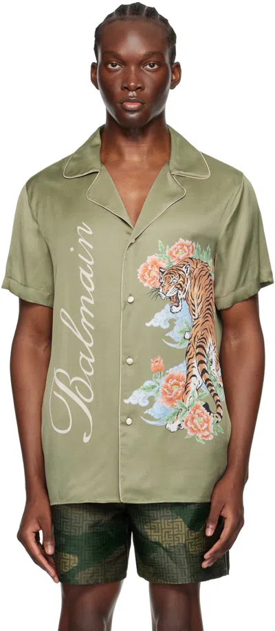 Balmain Tiger-print Satin Shirt In Green