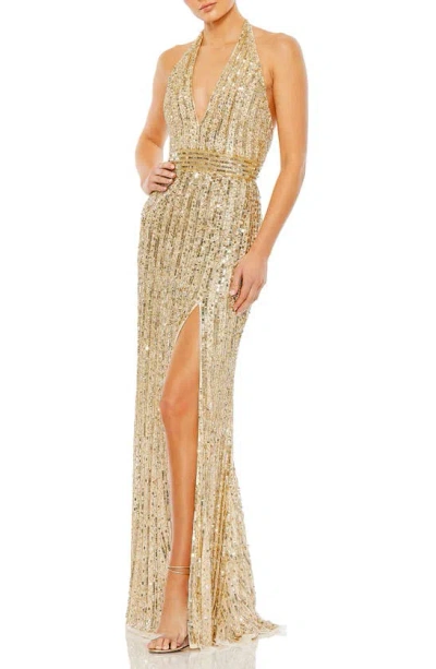 Mac Duggal Sequined Halter Strap Trumpet Gown In Gold Nude