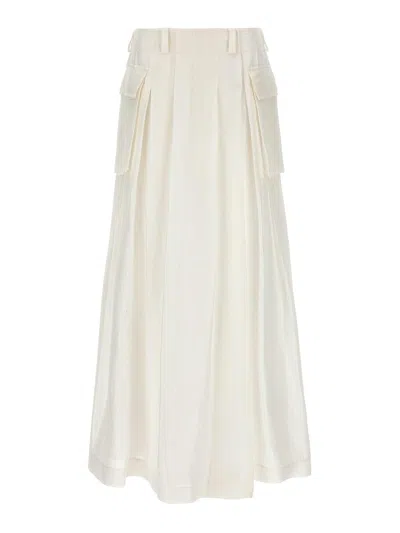 Alberta Ferretti Long Skirt In Linen Silk With Pockets In White