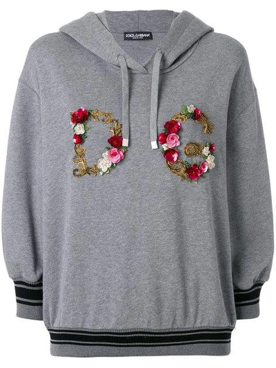 Dolce & Gabbana 花卉刺绣logo连帽衫 In Grey Melange