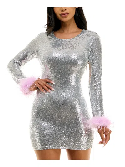 B Darlin Juniors Womens Sequined Polyester Bodycon Dress In Silver