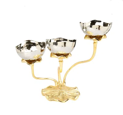Classic Touch Decor 3 Bowl Stainless Steel Relish Dish With Gold Lotus Foot