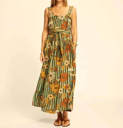 Natalie Martin Jasmine Maxi Dress With Sash In Sunflower Stripe Print/moss Green In Multi
