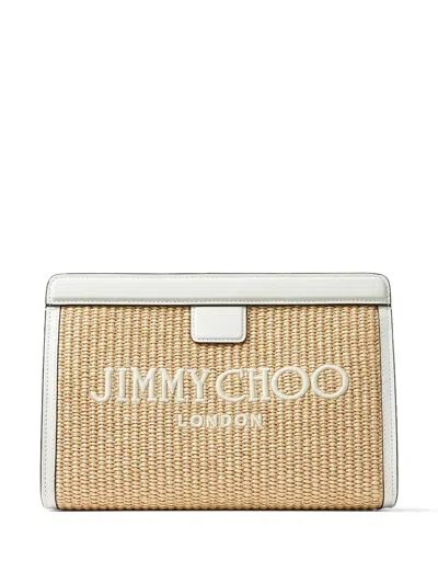 Jimmy Choo Avenue Leather-trimmed Embroidered Raffia Clutch In Beige