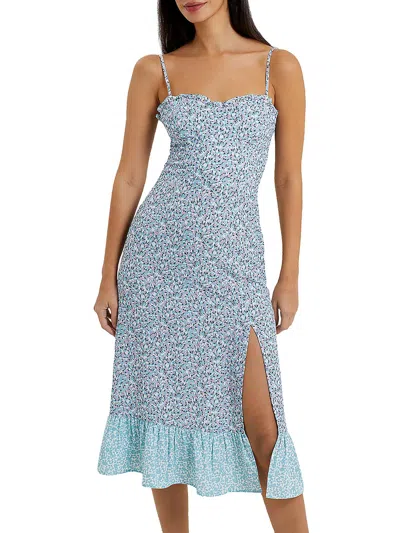 French Connection Enora Womens Floral Print Slit Midi Dress In Blue