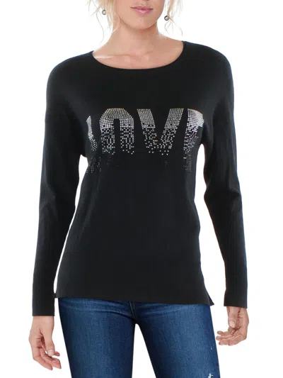 Metric Knits Womens Embellished Ribbed Trim Pullover Sweater In Black