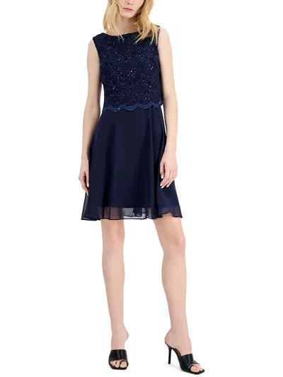 Connected Apparel Petites Womens Popover Chiffon Sheath Dress In Blue