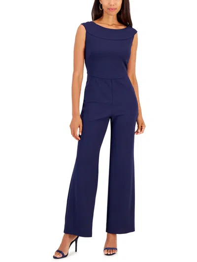 Connected Apparel Womens Solid Crepe Jumpsuit In Blue