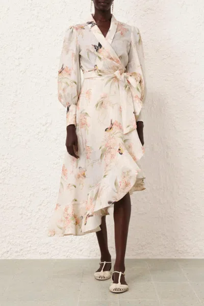 Zimmermann Floral Print Linen Wrap Midi Dress In Beige