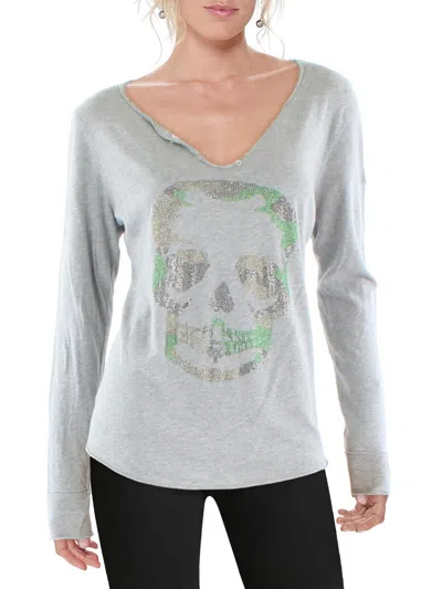 Zadig & Voltaire Womens Rhinestone Skull 100% Cotton Pullover Top In Grey