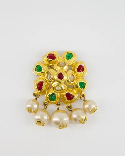 Pre-owned Chanel Vintage Gold Camelia Brooch With Multi-colour Stones And Pearls In Red