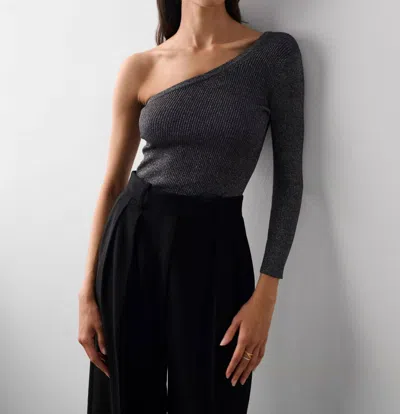 White + Warren Lurex Shine Ribbed One Shoulder Top In Black Shine In Multi