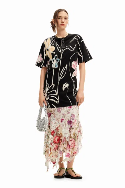 Desigual Short Dress With Arty Flowers. In Black
