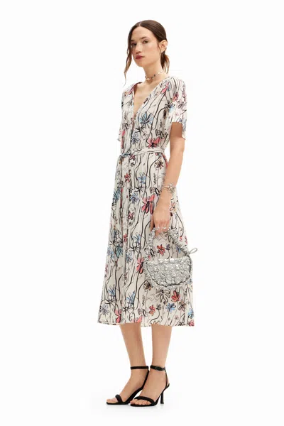 Desigual Midi Dress With Arty Flowers. In White