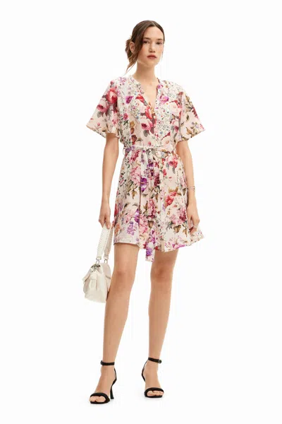 Desigual Short Romantic Floral Dress. In Material Finishes