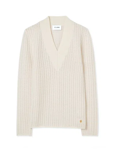 St John Plaid Knit V-neck Sweater In White