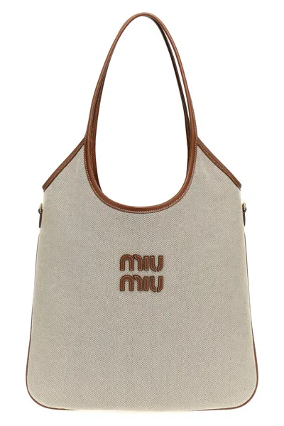 Miu Miu Women Shopping Canvas Logo In Cream | ModeSens