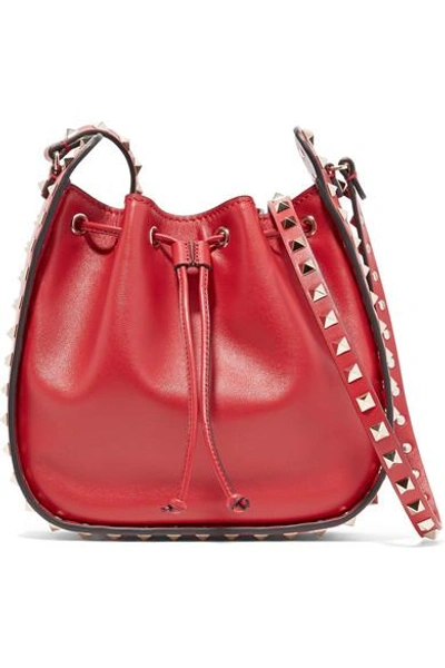 Valentino Garavani Red Rockstud Leather Bucket Bag In Black