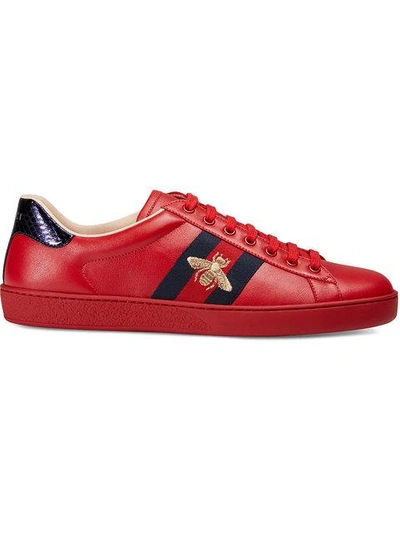 Gucci Men's New Ace Embroidered Low-top Trainers In Red Leather