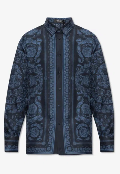 Versace Barocco Print Silk Shirt In Navy