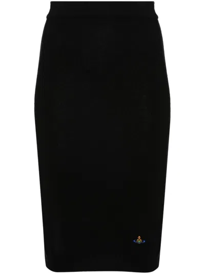 Vivienne Westwood Logo Wool Midi Pencil Skirt In Black