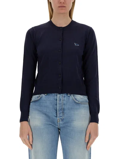 Maison Kitsuné Logo-embroidered Wool Cardigan In Blue