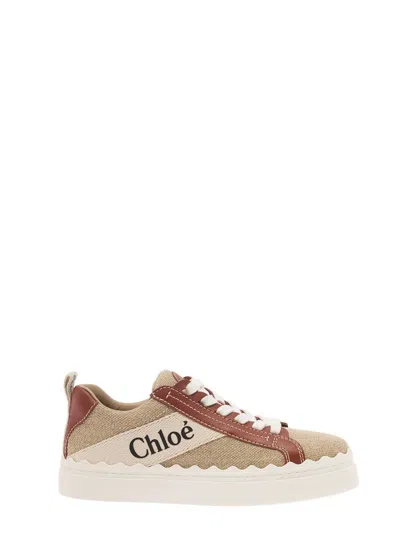 Chloé 'lauren' Beige Low Top Sneakers With Logo Detail And Brown Leather Trim In Canvas Woman