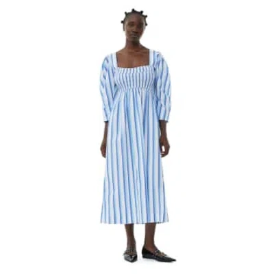 Ganni Striped Organic Cotton-poplin Midi Dress In Metallic