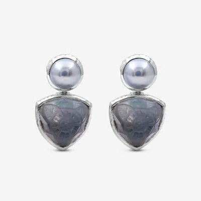 Stephen Dweck Sterling Silver, Silver Pearl Hand Carved Natural Quartz And Mother Of Pearl Clip Earrings Sde-32043 In Blue