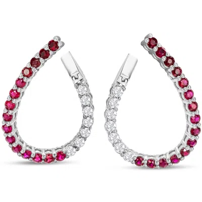 Sselects 2 1/2 Carat Front-back Ruby And Diamond Hoop Earrings In 14 Karat White I-j, I1-i2 In Red