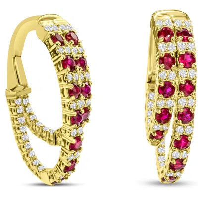 Sselects 2 1/2 Carat Ruby And Diamond Hoop Earrings In 14 Karat Yellow I-j, I1-i2 In Red