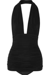 Norma Kamali Layered Ruched Crinkled Halterneck Swimsuit In Black