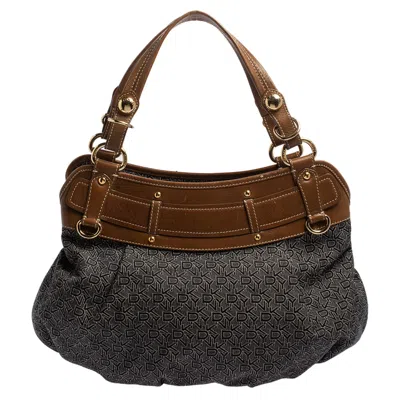 Dkny Navy /brown Monogram Canvas And Leather Hobo In Grey