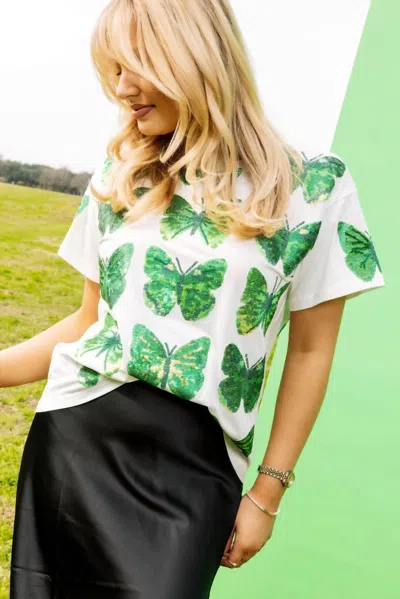 Queen Of Sparkles Scattered Butterfly Tee In White & Green
