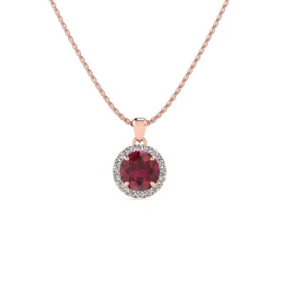 Sselects 1 Carat Round Shape Ruby And Halo Diamond Necklace In 14 Karat In Red