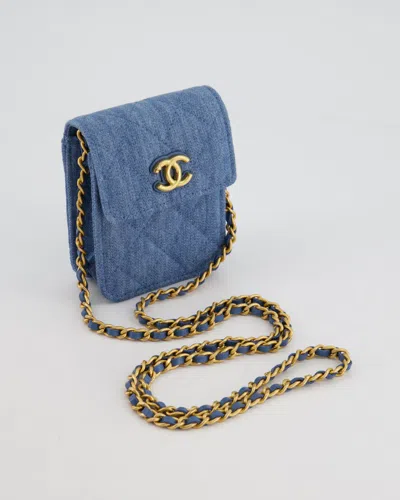 Pre-owned Chanel Ultra Mini Denim Wallet On Chain Bag With Gold Hardware In Blue