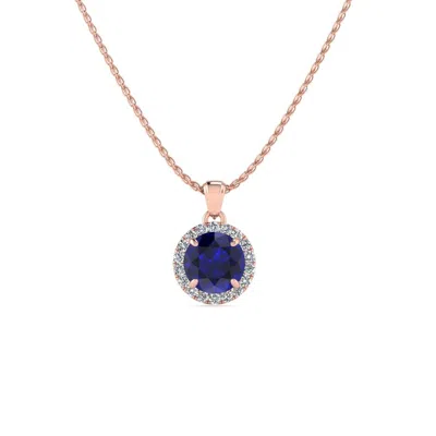 Sselects 1 Carat Round Shape Sapphire And Halo Diamond Necklace In 14 Karat In Blue