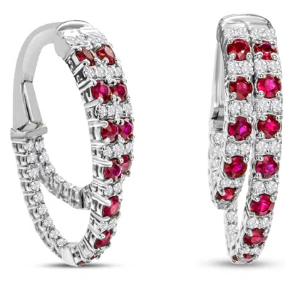 Sselects 2 1/2 Carat Ruby And Diamond Hoop Earrings In 14 Karat White I-j, I1-i2 In Red