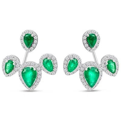 Sselects 3 Carat Emerald And Diamond Drop Earrings In 14 Karat White I-j, I1-i2 In Green