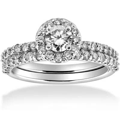 Pompeii3 1 Cttw Diamond Round Halo Engagement Wedding Ring Set 14k White Gold In Multi