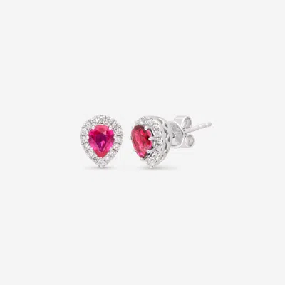 Ina Mar 14k White Gold Pear Shaped Ruby With Diamond Halo Studs Earrings Er-077554-ruby In Red