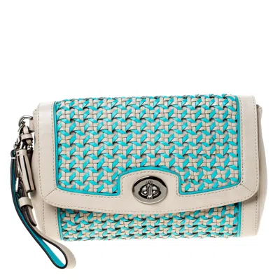 Coach /blue Caning Leather Flap Wristlet Clutch
