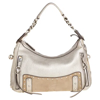 Versace /beige Leather And Suede Studded Hobo In Silver